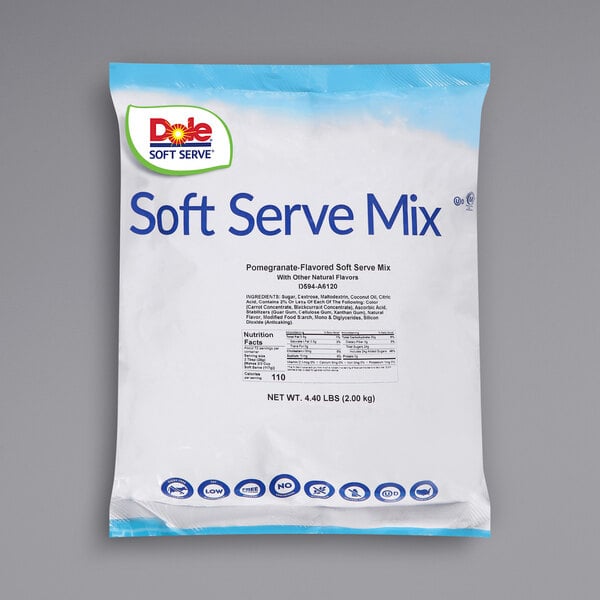 A white bag of DOLE SOFT SERVE Pomegranate Soft Serve Mix with blue text.