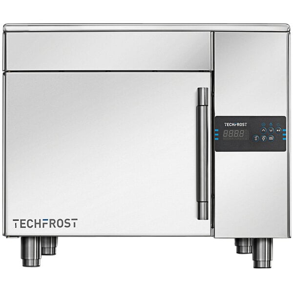 A stainless steel Techfrost blast chiller with buttons and numbers.