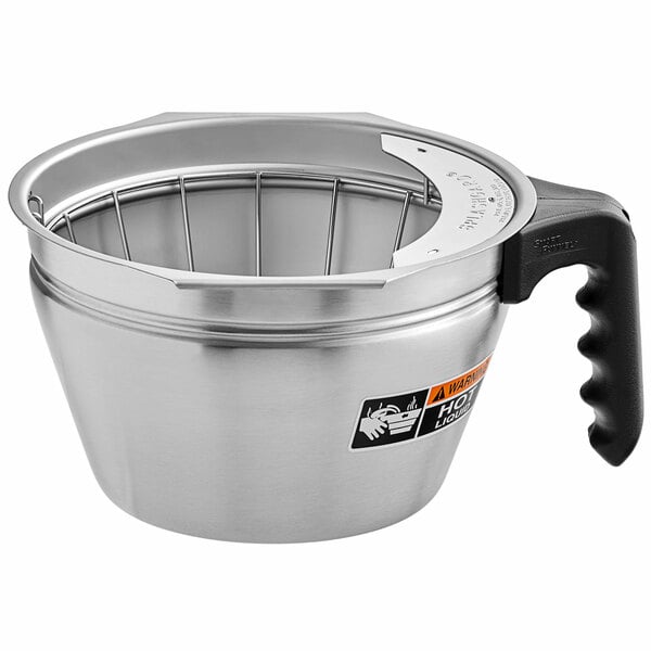 A stainless steel Bunn Smart Funnel with a black handle.