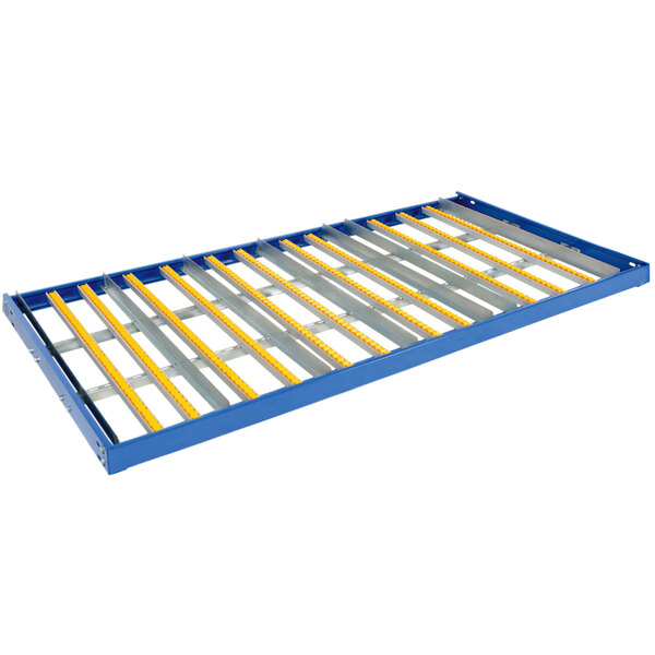 A blue metal Vestil pallet rack shelf with yellow stripes.