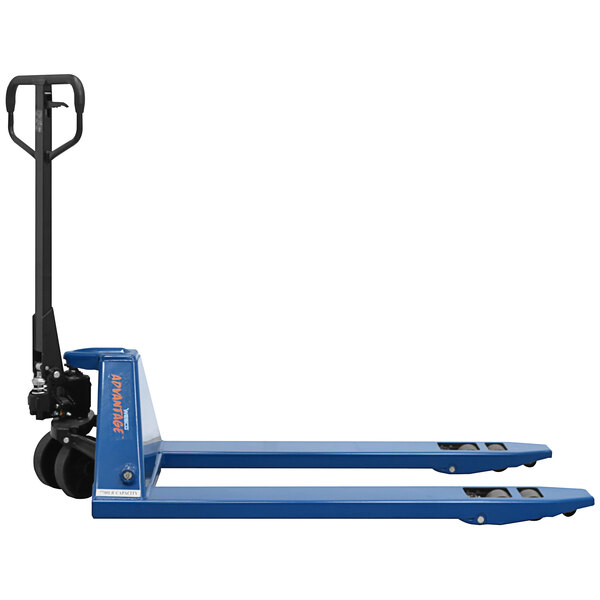 A blue Wesco Industrial Products pallet truck with black handles.