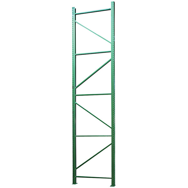 A green metal Vestil pallet rack frame.