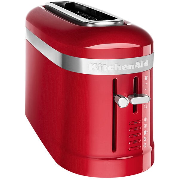 A KitchenAid red toaster with silver trim.