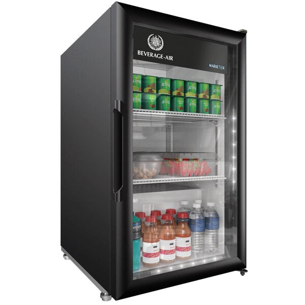 A black Beverage-Air countertop refrigerator with drinks and beverages inside.