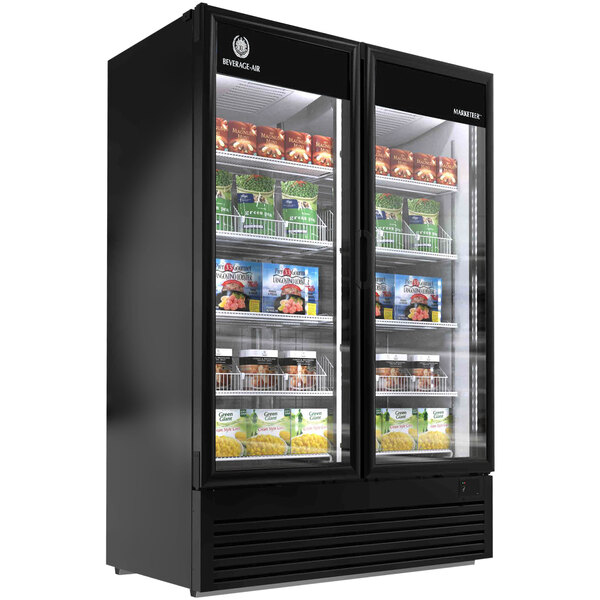 A black glass door Beverage-Air Marketeer freezer with food inside.