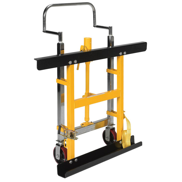 A yellow and black metal Vestil Pallet Rack Lifting Dolly.