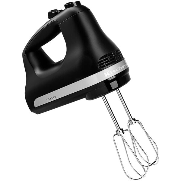 A matte black KitchenAid 5-speed hand mixer with silver accents.