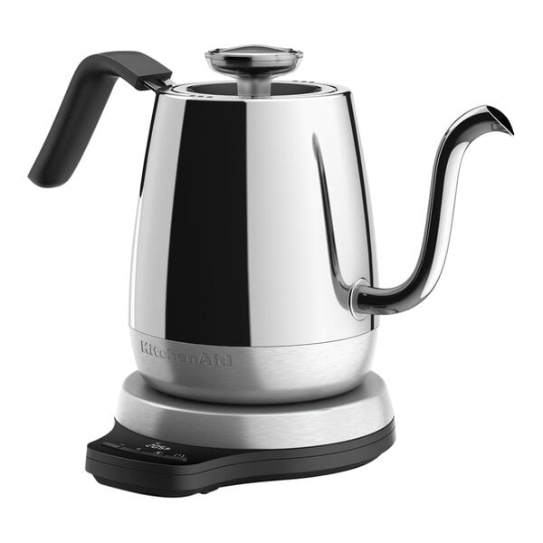 A silver and black KitchenAid Precision Gooseneck electric kettle.