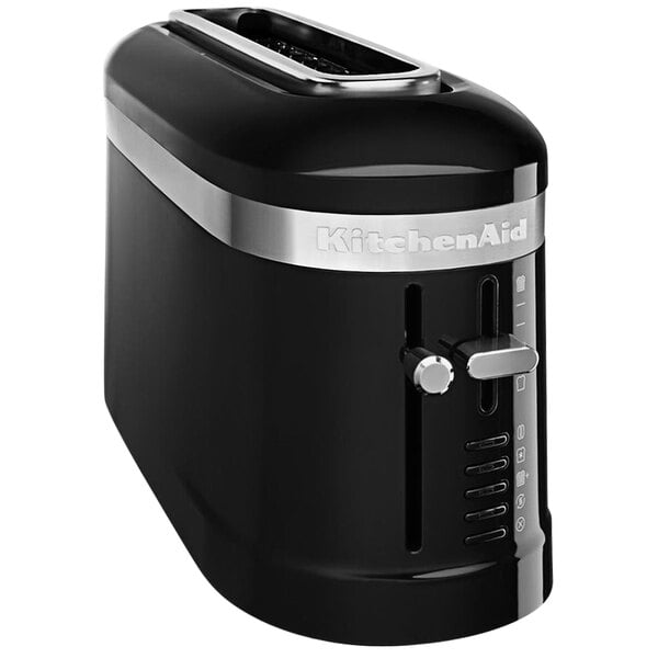 A black and silver KitchenAid long slot toaster.