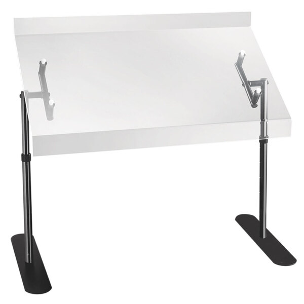 A Cal-Mil portable clear acrylic sneeze guard with a metal frame on a white table.