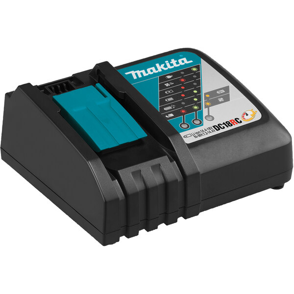 A black and blue Makita 18V lithium-ion battery charger.