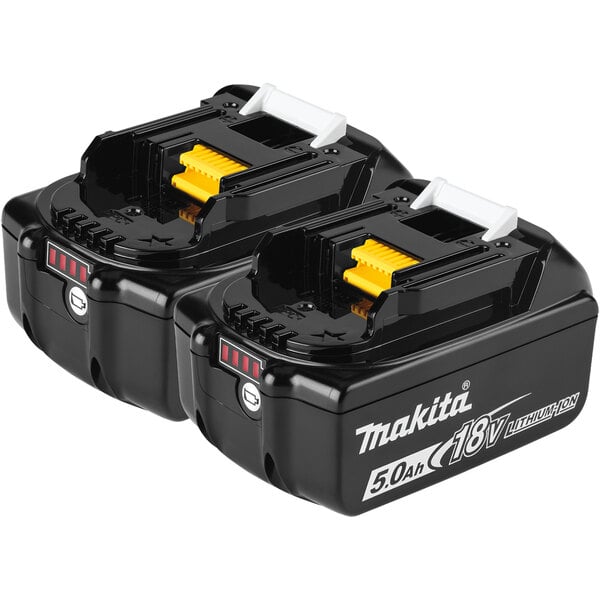 Two black Makita 18V lithium-ion batteries with white text.