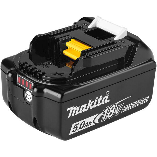 A black Makita BL1850B 18V LXT Lithium-Ion battery with white and yellow text.