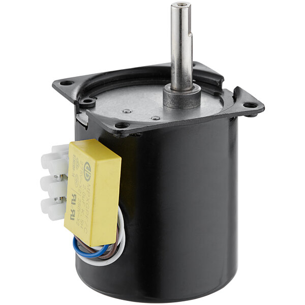 A black round electric motor with a yellow core.