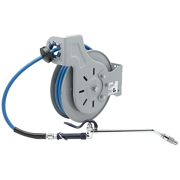 A T&S open epoxy coated steel hose reel with a hose attached to it.