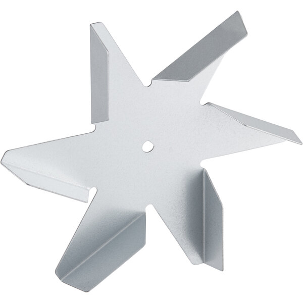 A silver metal Avantco counter-clockwise fan blade with four pointed blades.