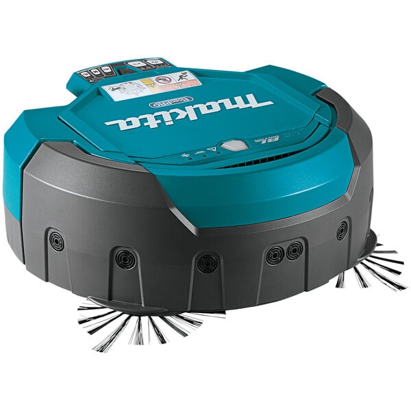 A blue and black Makita robotic vacuum cleaner with brushes.
