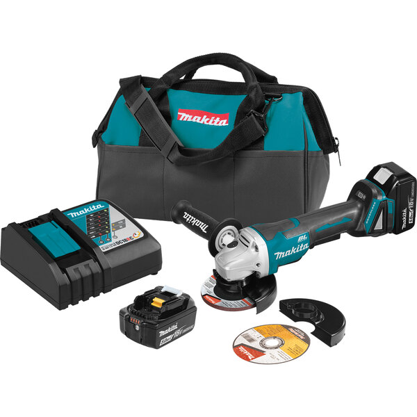 A blue and black Makita tool bag with a Makita 18V angle grinder kit inside.