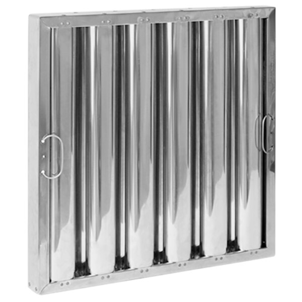 A close-up of a stainless steel Kleen-Gard hood filter with snap-in handles.