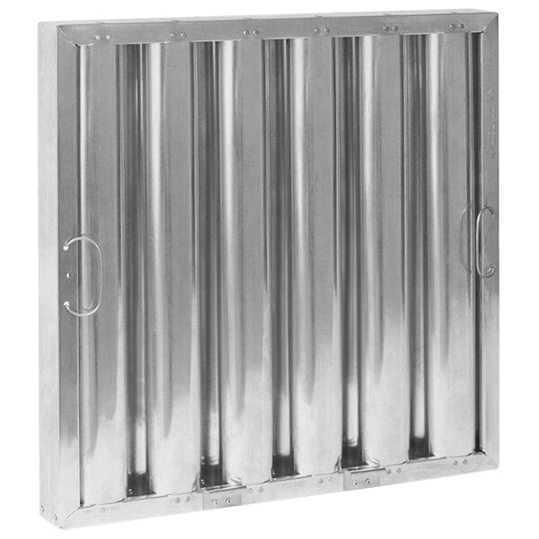 A close up of a Kleen-Gard aluminum hood filter with metal snap-in handles and lower bracket hooks.