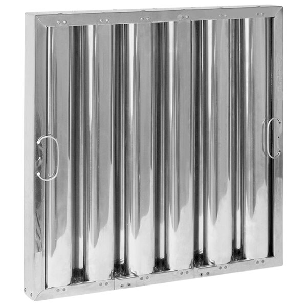 A close-up of a stainless steel Kleen-Gard hood filter with metal handles and lower bracket hooks.