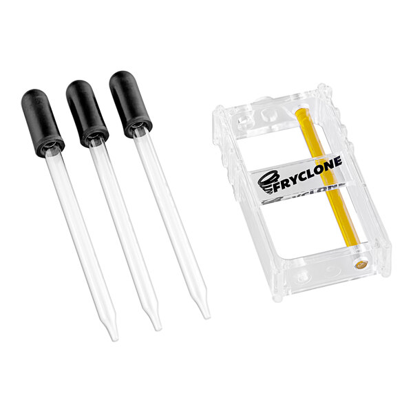 A clear plastic container with three clear plastic pipettes with black caps.