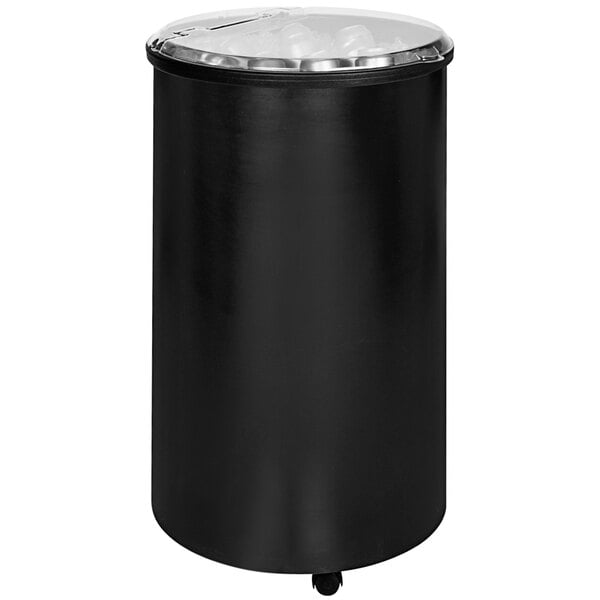 A black round barrel with a clear lid on casters.