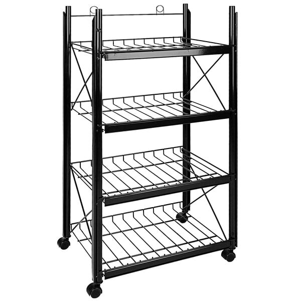 A black metal IRP rack with shelves on wheels.