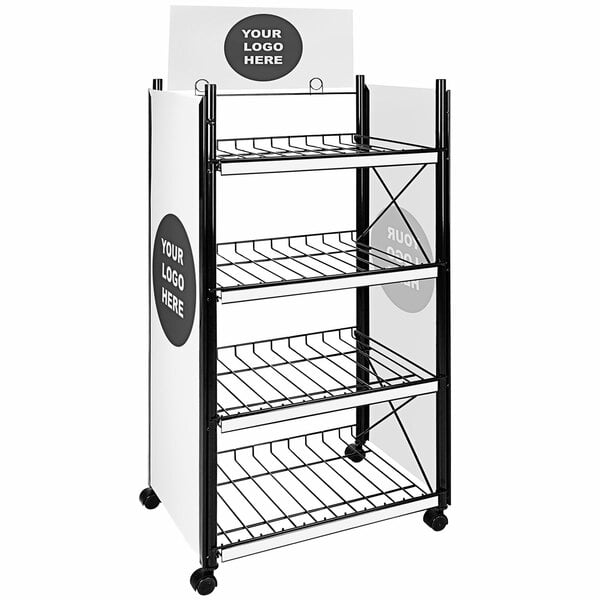 An IRP white and black customizable rack with casters and graphics.