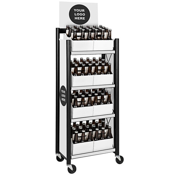 An IRP Customizable Signature Series Mini Rack with Slanted Racks and Graphics holding bottles of beer.
