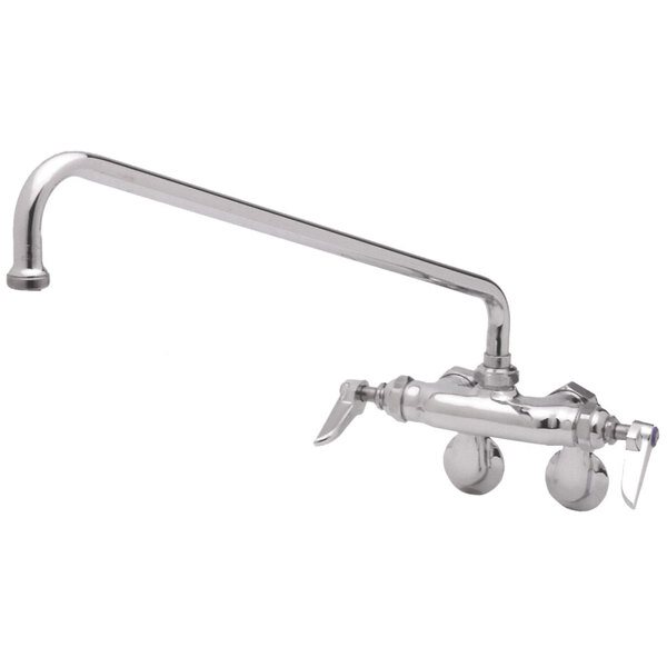A T&S chrome wall mount pantry faucet with a handle and an 18" swing nozzle.