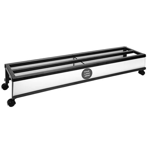 A black and silver metal IRP customizable low rider rack with casters and graphics.