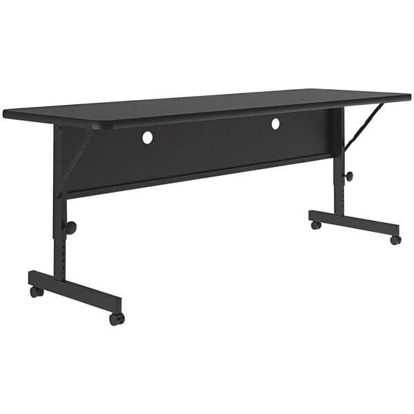 A black rectangular Correll seminar table with wheels.