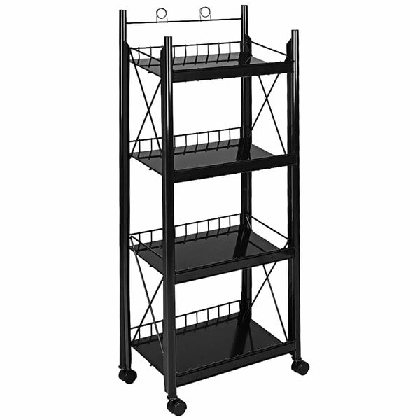 A black metal IRP mini rack with slanted shelves on wheels.