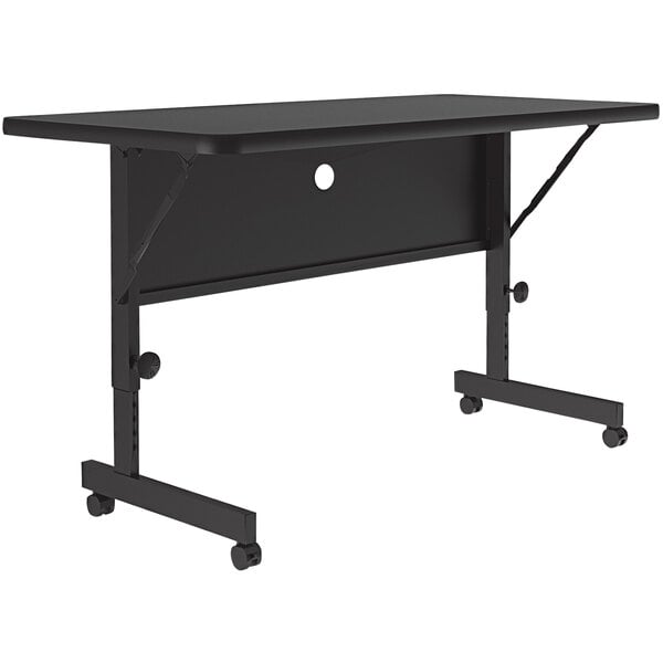 A Correll black rectangular seminar table with adjustable height and wheels.