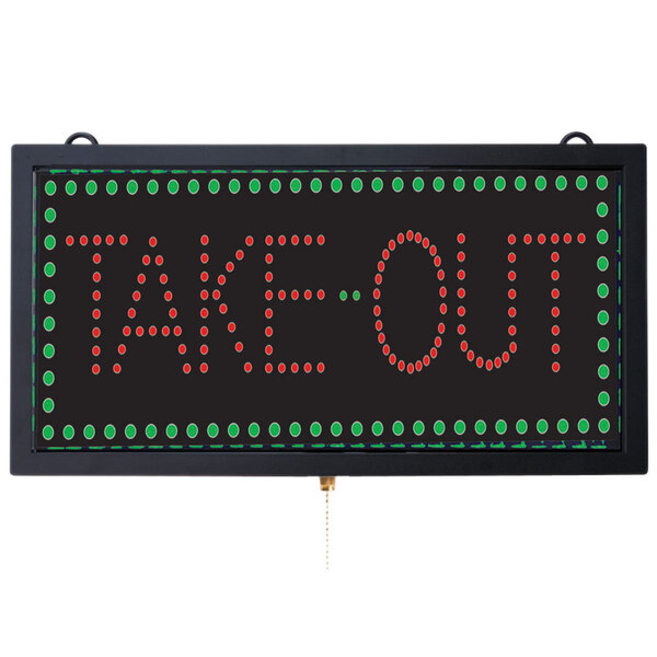 A black Aarco Take Out LED sign with red and green dots.
