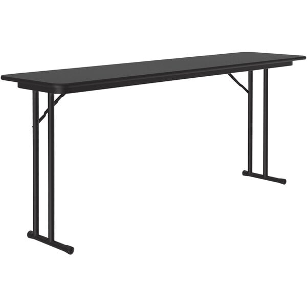 A black rectangular Correll seminar table with off-set metal legs.