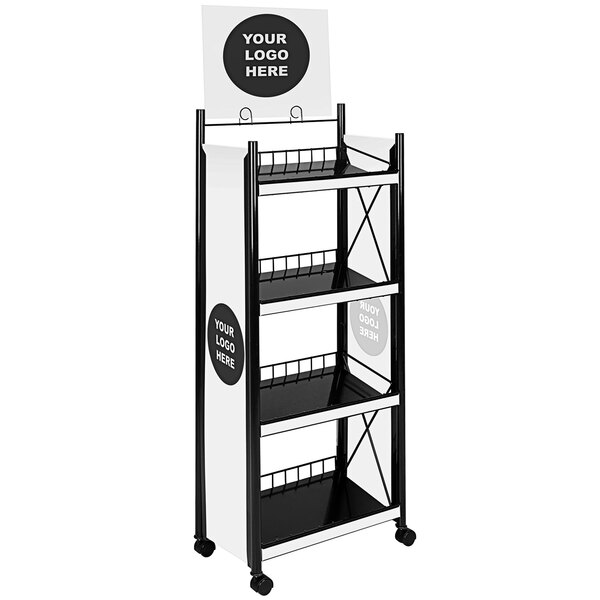 An IRP black slanted display rack with white signs on the shelves.