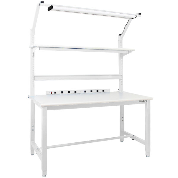 A white workbench with a shelf.