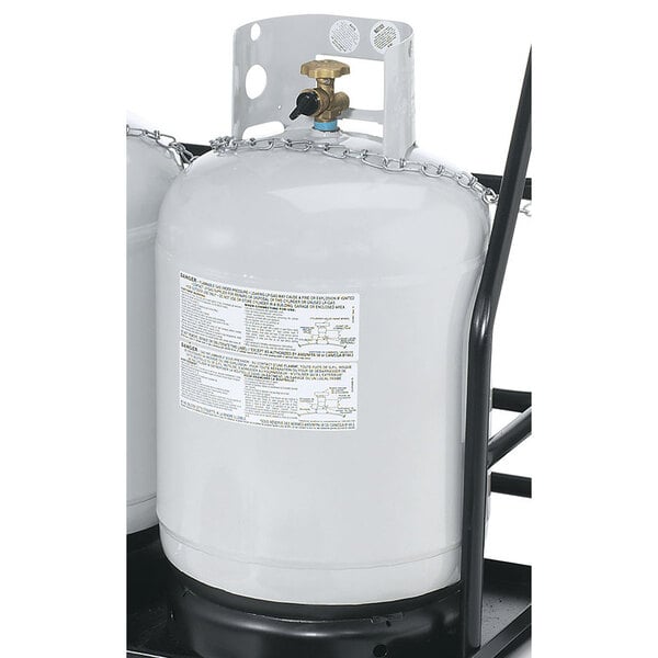A white Crown Verity vertical propane tank with a black handle and a chain around it.
