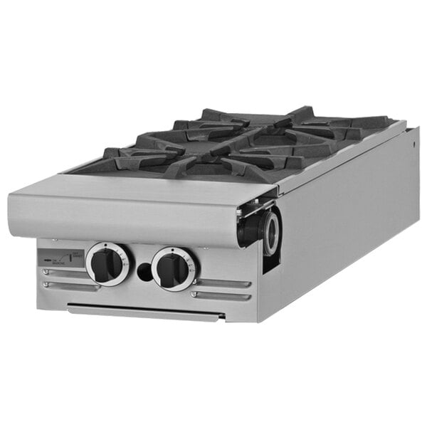 A Garland Master Series natural gas range attachment with two burners.