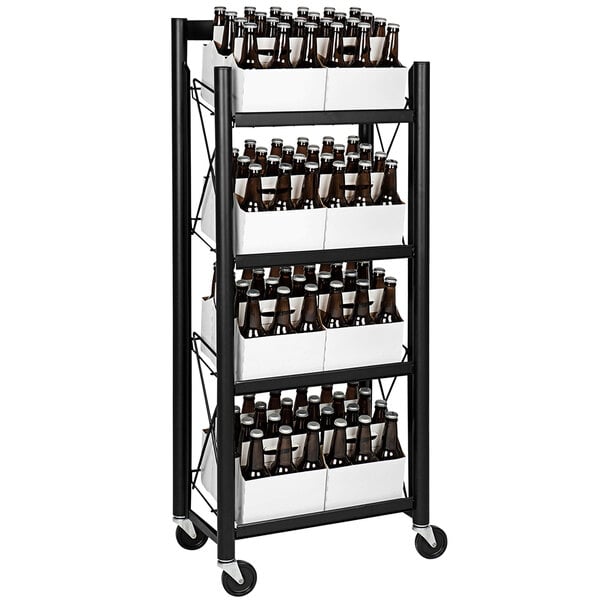 An IRP black metal mini rack with casters holding bottles.