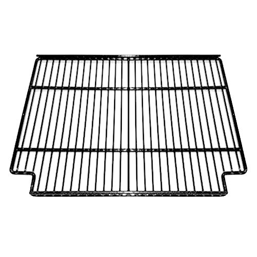 A black metal wire shelf with a narrow grid.