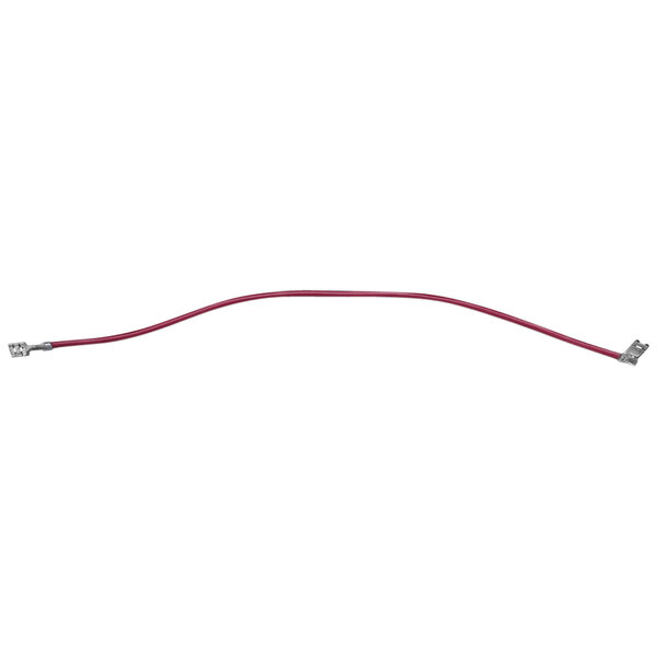 A red Solwave jumper wire with metal ends.