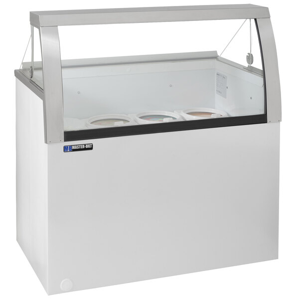 A white Master-Bilt ice cream dipping cabinet with a glass top and three lights.