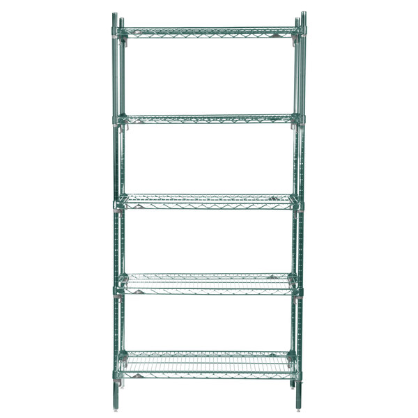A green Metroseal 3 wire shelving unit with four shelves.