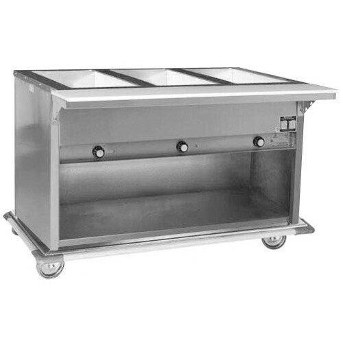 A stainless steel Eagle Group hot food table with enclosed base holding three trays.