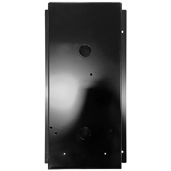 A black rectangular metal air duct with holes in it.