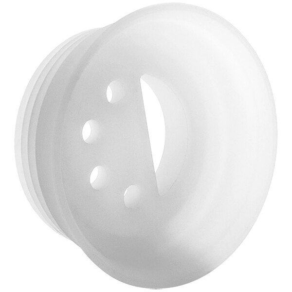 A white plastic round lid with holes.