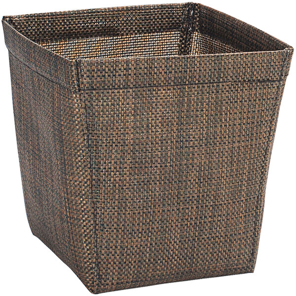 A copper woven vinyl basket with a square top and handle.